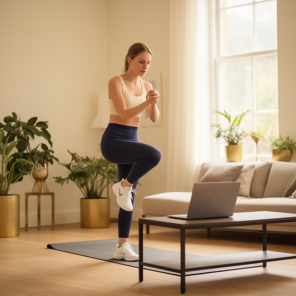 Woman training at home with laptop — fitness and convenience