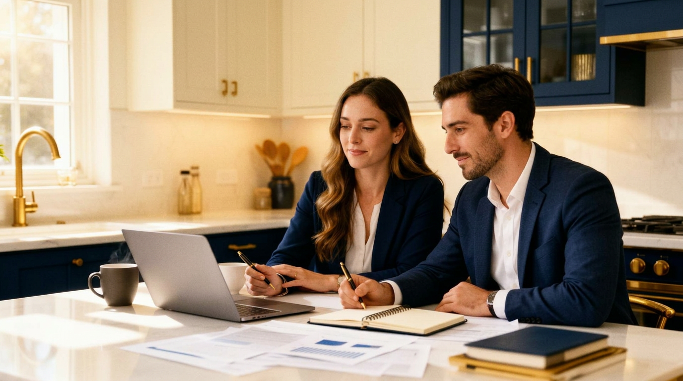 Couple planning their business and finances at a kitchen island